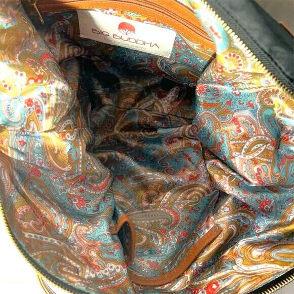 Big Buddha Black Nylon Shoulder Bag with Brown Straps & Paisley Lining - Picture 10 of 12